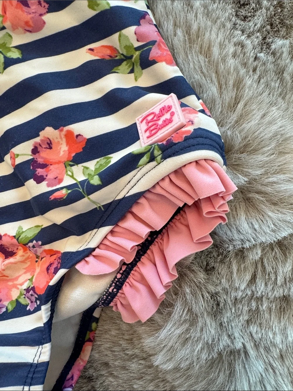 RUFFLE BUTTS Girls Navy Stripe & Pink Floral Long-Sleeve Rash Guard Swimsuit